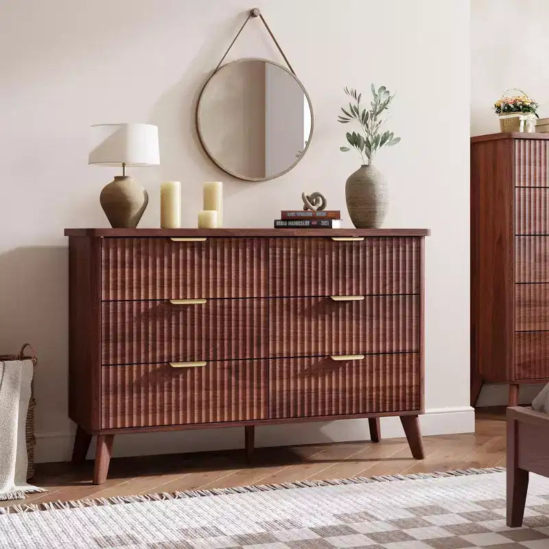 Commode cannelée à 6 tiroirs, meuble de rangement au design ondulé en panneaux de particules et MDF
