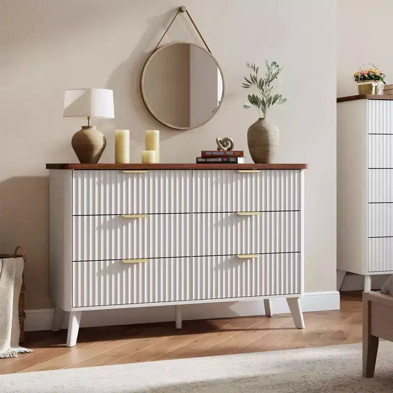 Commode cannelée à 6 tiroirs, meuble de rangement au design ondulé en panneaux de particules et MDF