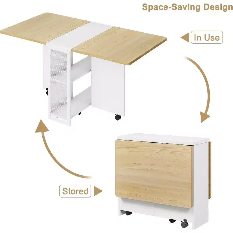 Table de salle à manger pliable, table de salle à manger à abattants avec 6 roulettes et étagère de rangement à 2 niveaux, table de cuisine pour petits espaces (127,25 P x 79,76 L x 74,93 H cm)