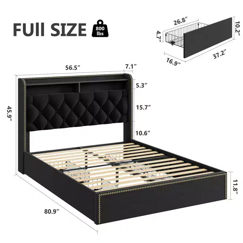 Cadre de lit plateforme capitonné en velours noir pour grand lit/très grand lit avec tête de lit de rangement à 2 niveaux, lit capitonné avec 4 tiroirs, garniture cloutée, cadre en métal robuste