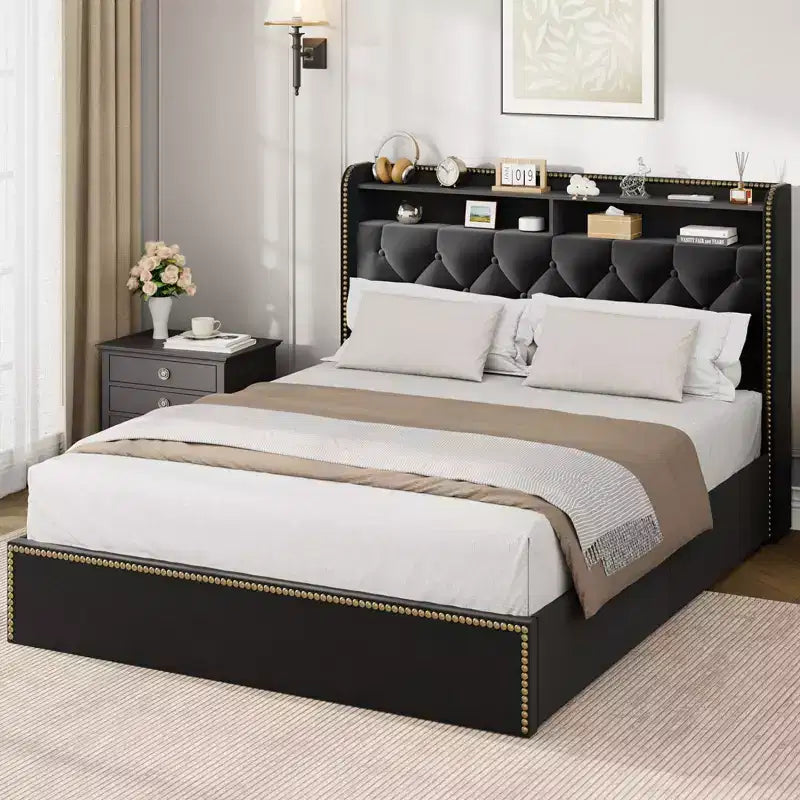 Cadre de lit plateforme capitonné en velours noir pour grand lit/très grand lit avec tête de lit de rangement à 2 niveaux, lit capitonné avec 4 tiroirs, garniture cloutée, cadre en métal robuste