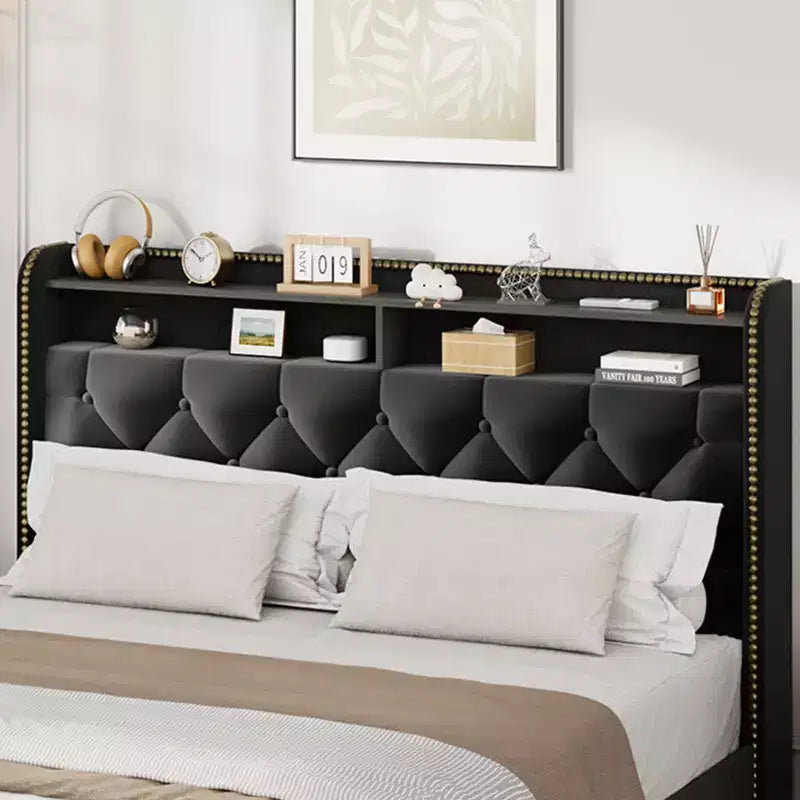 Cadre de lit plateforme capitonné en velours noir pour grand lit/très grand lit avec tête de lit de rangement à 2 niveaux, lit capitonné avec 4 tiroirs, garniture cloutée, cadre en métal robuste