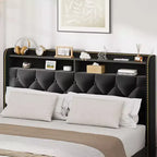 Cadre de lit plateforme capitonné en velours noir pour grand lit/très grand lit avec tête de lit de rangement à 2 niveaux, lit capitonné avec 4 tiroirs, garniture cloutée, cadre en métal robuste