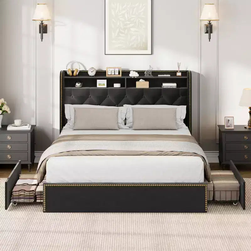Cadre de lit plateforme capitonné en velours noir pour grand lit/très grand lit avec tête de lit de rangement à 2 niveaux, lit capitonné avec 4 tiroirs, garniture cloutée, cadre en métal robuste