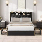 Cadre de lit plateforme capitonné en velours noir pour grand lit/très grand lit avec tête de lit de rangement à 2 niveaux, lit capitonné avec 4 tiroirs, garniture cloutée, cadre en métal robuste