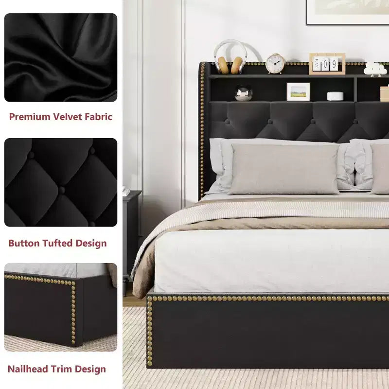 Cadre de lit plateforme capitonné en velours noir pour grand lit/très grand lit avec tête de lit de rangement à 2 niveaux, lit capitonné avec 4 tiroirs, garniture cloutée, cadre en métal robuste