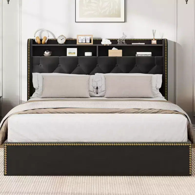 Cadre de lit plateforme capitonné en velours noir pour grand lit/très grand lit avec tête de lit de rangement à 2 niveaux, lit capitonné avec 4 tiroirs, garniture cloutée, cadre en métal robuste