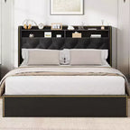Cadre de lit plateforme capitonné en velours noir pour grand lit/très grand lit avec tête de lit de rangement à 2 niveaux, lit capitonné avec 4 tiroirs, garniture cloutée, cadre en métal robuste