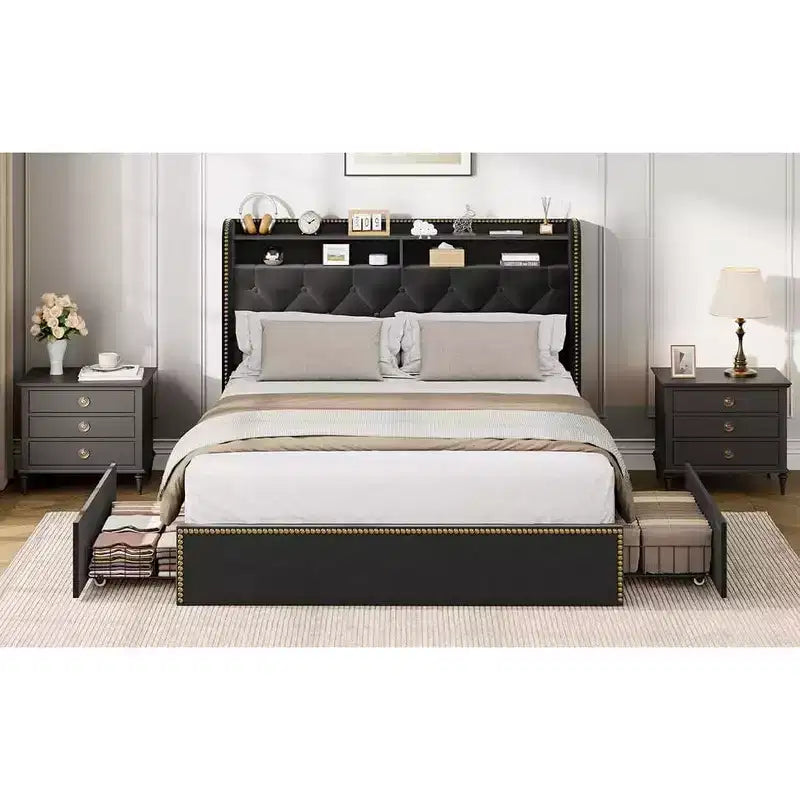 Cadre de lit plateforme capitonné en velours noir pour grand lit/très grand lit avec tête de lit de rangement à 2 niveaux, lit capitonné avec 4 tiroirs, garniture cloutée, cadre en métal robuste