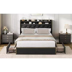 Cadre de lit plateforme capitonné en velours noir pour grand lit/très grand lit avec tête de lit de rangement à 2 niveaux, lit capitonné avec 4 tiroirs, garniture cloutée, cadre en métal robuste