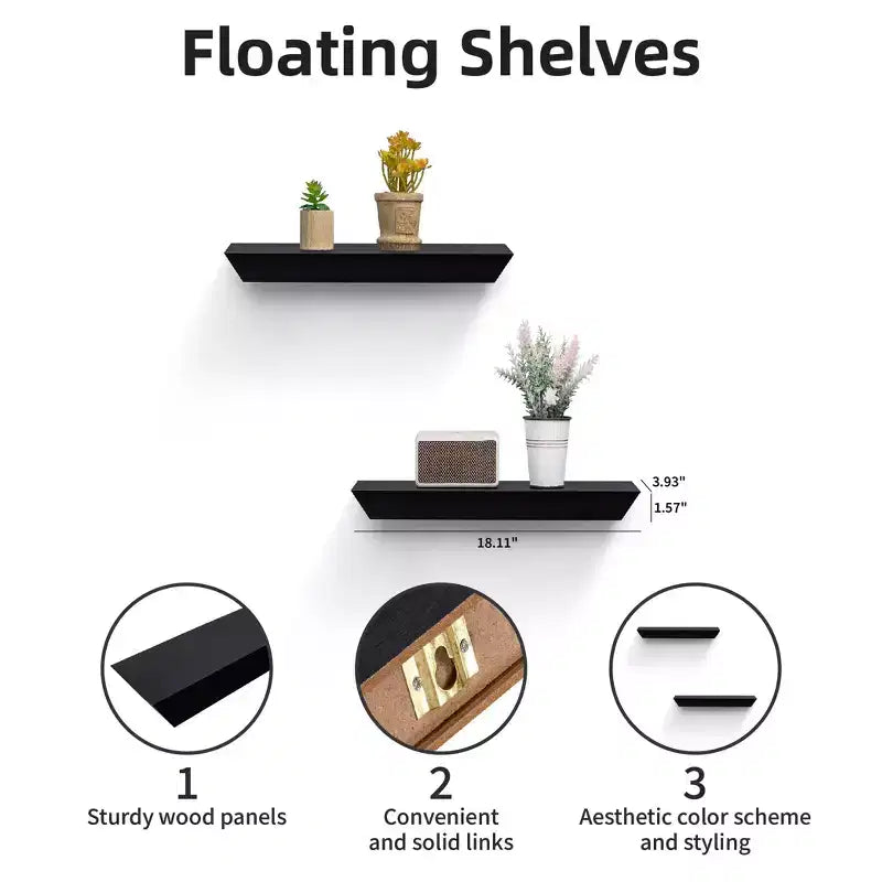 Étagère flottante noire 18.11 C avec support invisible pour montage mural en bois, parfaite pour la décoration de salle de bain/chambre/cuisine ou pour exposer des livres/plantes, facile à installer.