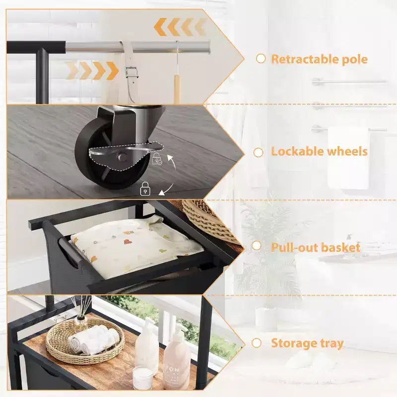 Chariot de lessive roulant avec étagère suspendue et étagère utilitaire | Panier de tri de linge avec roues verrouillables | Organisateur de panier à linge