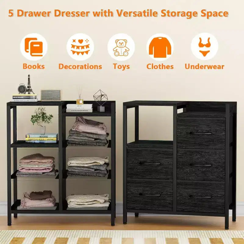 Meuble de classement mobile à 5 tiroirs avec étagère de rangement ouverte, support d'imprimante roulant et meuble de classement latéral en tissu, compatible avec les dossiers de taille A4 ou Lettre