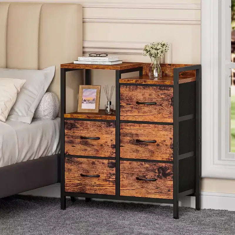 Meuble de classement mobile à 5 tiroirs avec étagère de rangement ouverte, support d'imprimante roulant et meuble de classement latéral en tissu, compatible avec les dossiers de taille A4 ou Lettre