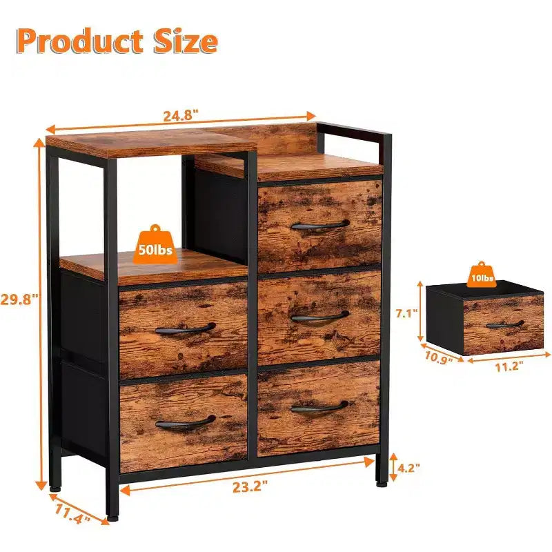5 Drawer Mobile File Cabinet with Open Storage Shelf, Rolling Printer Stand and Fabric Lateral Filing Cabinet, Fits A4 or Letter Size Files