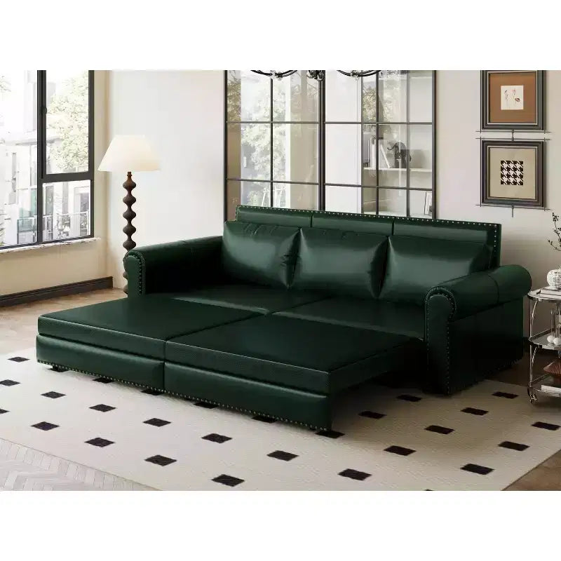 MAYEERTY 93.7 Canapé-lit escamotable King size, canapé-lit convertible 3-en-1 en similicuir avec garniture cloutée et accoudoirs roulés vert