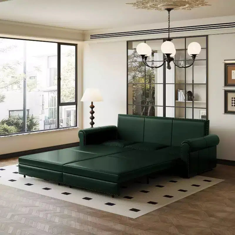 MAYEERTY 93.7 Canapé-lit escamotable King size, canapé-lit convertible 3-en-1 en similicuir avec garniture cloutée et accoudoirs roulés vert