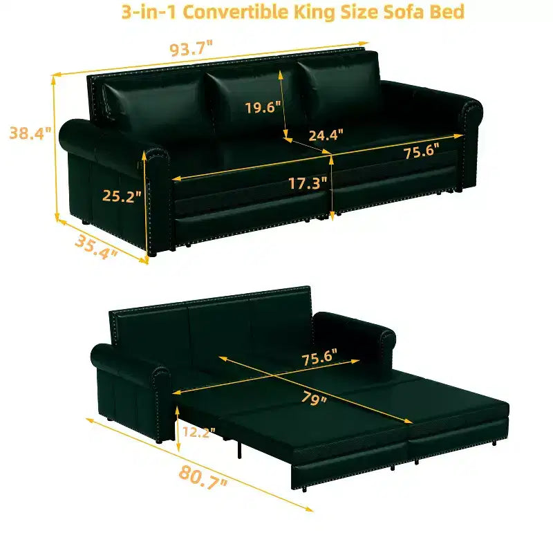 MAYEERTY 93.7 Canapé-lit escamotable King size, canapé-lit convertible 3-en-1 en similicuir avec garniture cloutée et accoudoirs roulés vert