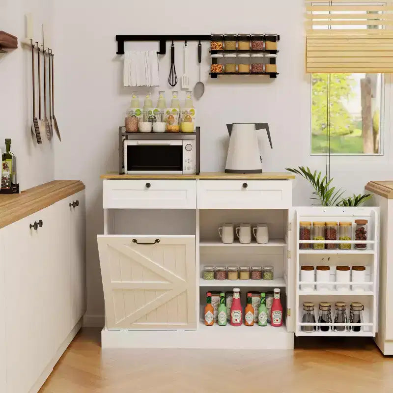 Meuble Poubelle Inclinable, Meuble Poubelle Caché pour Cuisine, Meuble Poubelle Coulissant avec Rangement, Meuble Poubelle avec 2 Tiroirs Blanc