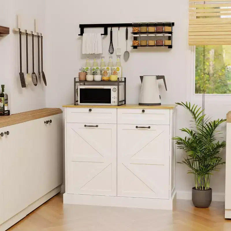 Meuble Poubelle Inclinable, Meuble Poubelle Caché pour Cuisine, Meuble Poubelle Coulissant avec Rangement, Meuble Poubelle avec 2 Tiroirs Blanc