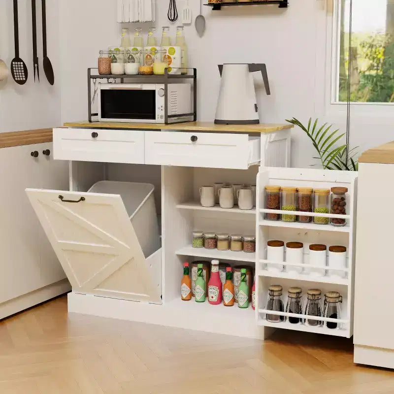 Meuble Poubelle Inclinable, Meuble Poubelle Caché pour Cuisine, Meuble Poubelle Coulissant avec Rangement, Meuble Poubelle avec 2 Tiroirs Blanc