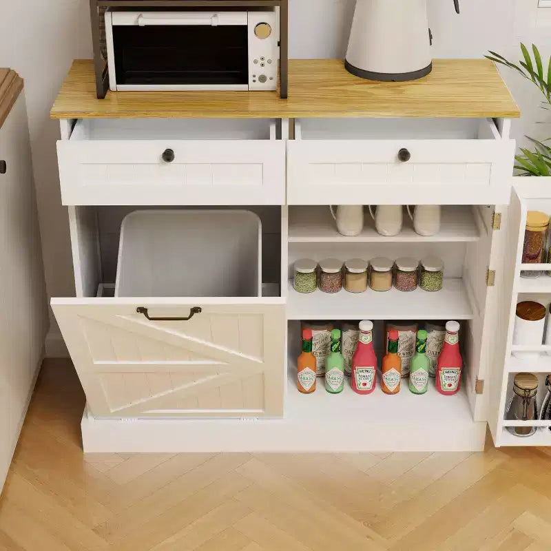 Meuble Poubelle Inclinable, Meuble Poubelle Caché pour Cuisine, Meuble Poubelle Coulissant avec Rangement, Meuble Poubelle avec 2 Tiroirs Blanc