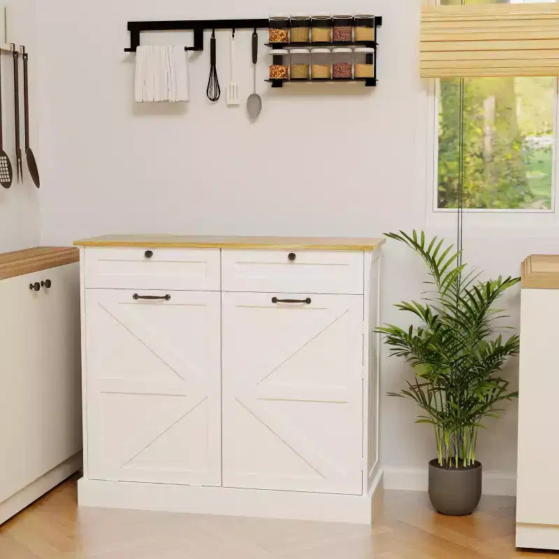 Meuble Poubelle Inclinable, Meuble Poubelle Caché pour Cuisine, Meuble Poubelle Coulissant avec Rangement, Meuble Poubelle avec 2 Tiroirs Blanc