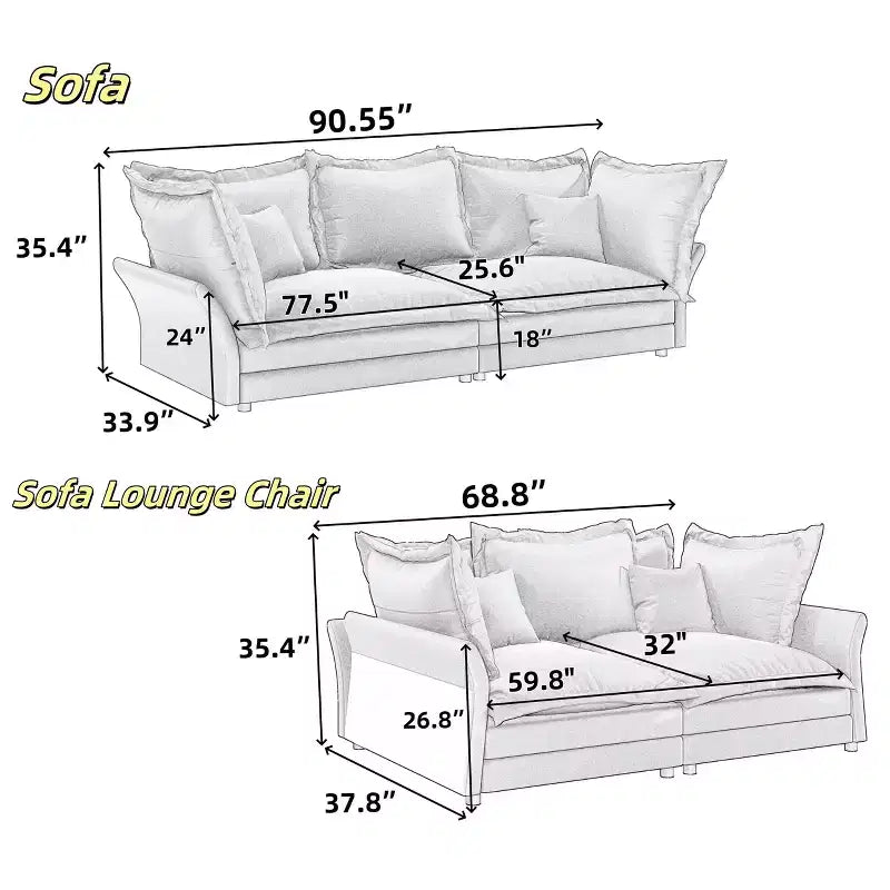 MAYEERTY 90.55 Canapé moderne rembourré confortable Cloud Couch, Canapés à assise profonde avec plusieurs grands coussins de canapé gris