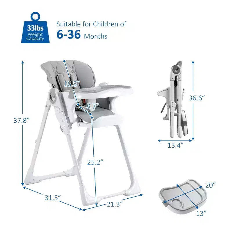 Chaise Haute Bébé, Hauteur et Inclinaison Réglables Chaise Haute Pliable avec Plateau Amovible - Siège Bébé Multifonctionnel Facile à Nettoyer
