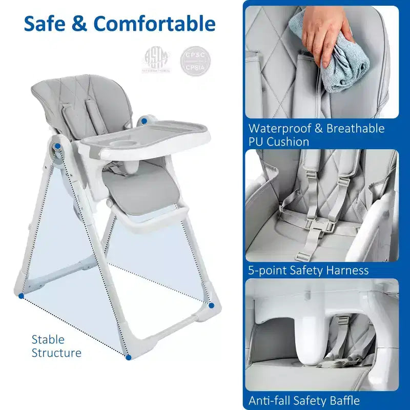 Chaise Haute Bébé, Hauteur et Inclinaison Réglables Chaise Haute Pliable avec Plateau Amovible - Siège Bébé Multifonctionnel Facile à Nettoyer