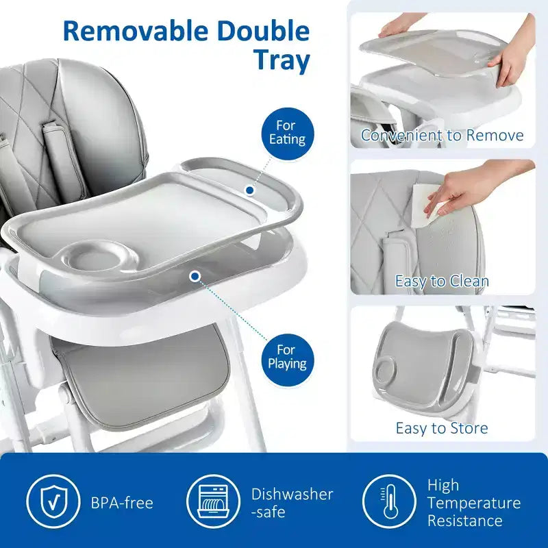 Chaise Haute Bébé, Hauteur et Inclinaison Réglables Chaise Haute Pliable avec Plateau Amovible - Siège Bébé Multifonctionnel Facile à Nettoyer