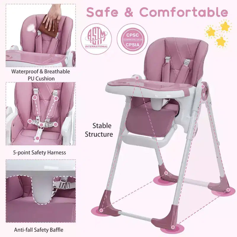 Chaise Haute Bébé, Hauteur et Inclinaison Réglables Chaise Haute Pliable avec Plateau Amovible - Siège Bébé Multifonctionnel Facile à Nettoyer