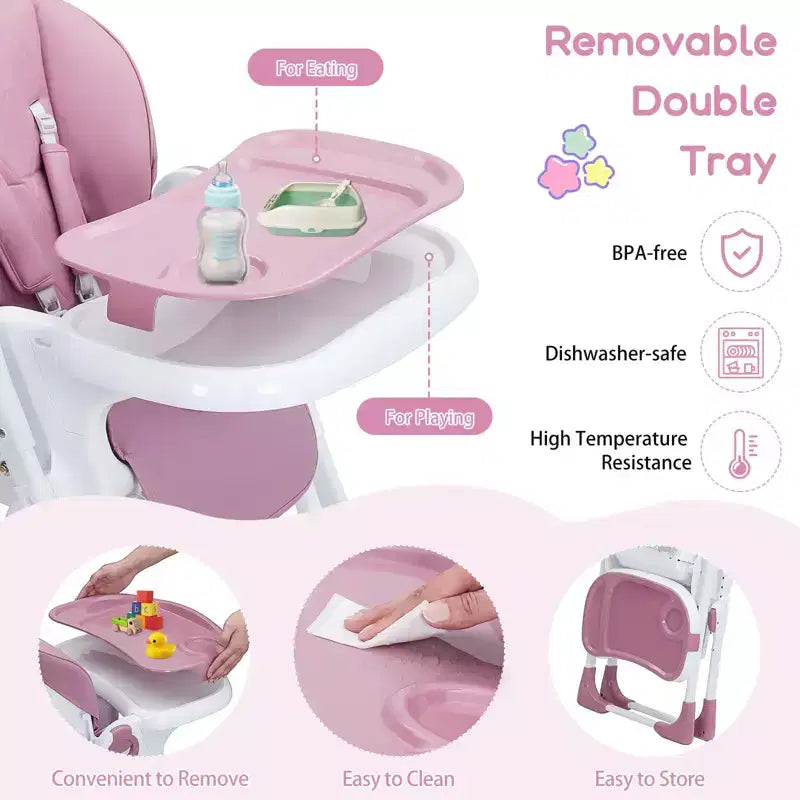 Chaise Haute Bébé, Hauteur et Inclinaison Réglables Chaise Haute Pliable avec Plateau Amovible - Siège Bébé Multifonctionnel Facile à Nettoyer