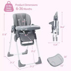 Chaise Haute Bébé, Hauteur et Inclinaison Réglables Chaise Haute Pliable avec Plateau Amovible - Siège Bébé Multifonctionnel Facile à Nettoyer
