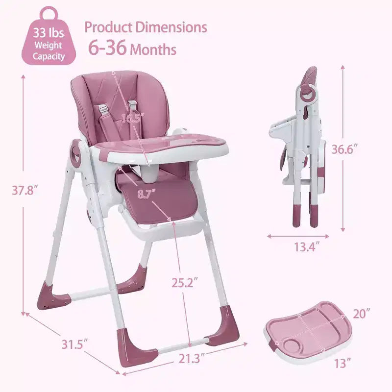Chaise Haute Bébé, Hauteur et Inclinaison Réglables Chaise Haute Pliable avec Plateau Amovible - Siège Bébé Multifonctionnel Facile à Nettoyer