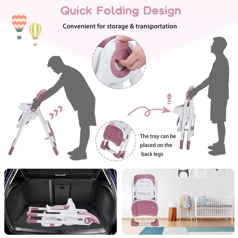 Chaise Haute Bébé, Hauteur et Inclinaison Réglables Chaise Haute Pliable avec Plateau Amovible - Siège Bébé Multifonctionnel Facile à Nettoyer