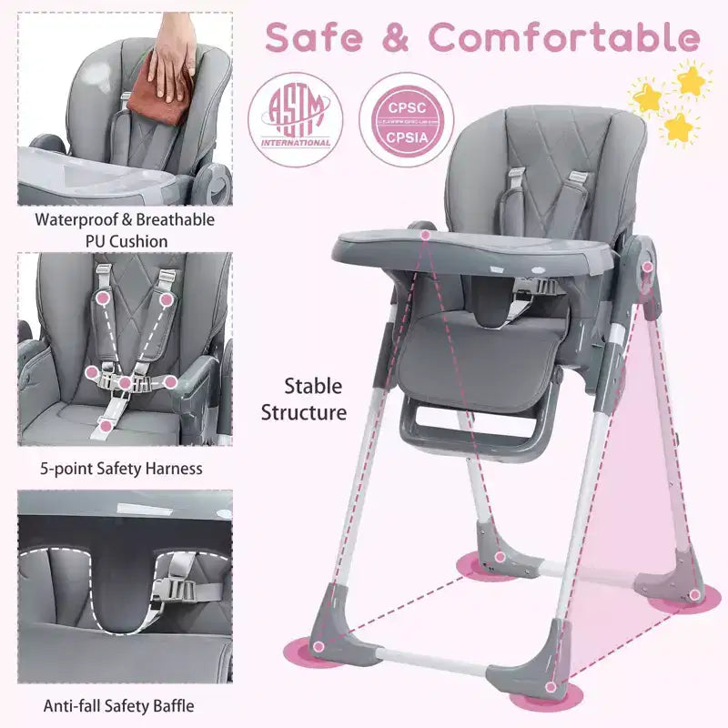 Chaise Haute Bébé, Hauteur et Inclinaison Réglables Chaise Haute Pliable avec Plateau Amovible - Siège Bébé Multifonctionnel Facile à Nettoyer