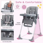 Chaise Haute Bébé, Hauteur et Inclinaison Réglables Chaise Haute Pliable avec Plateau Amovible - Siège Bébé Multifonctionnel Facile à Nettoyer