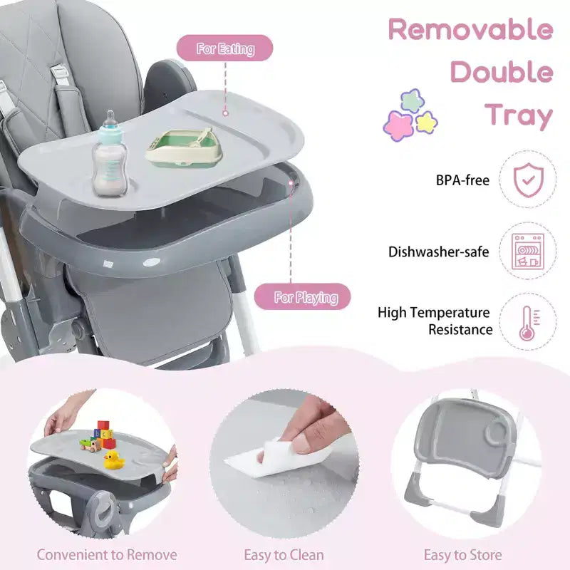 Chaise Haute Bébé, Hauteur et Inclinaison Réglables Chaise Haute Pliable avec Plateau Amovible - Siège Bébé Multifonctionnel Facile à Nettoyer