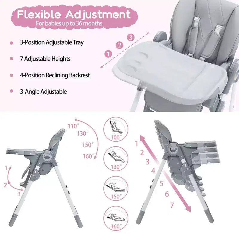 Chaise Haute Bébé, Hauteur et Inclinaison Réglables Chaise Haute Pliable avec Plateau Amovible - Siège Bébé Multifonctionnel Facile à Nettoyer
