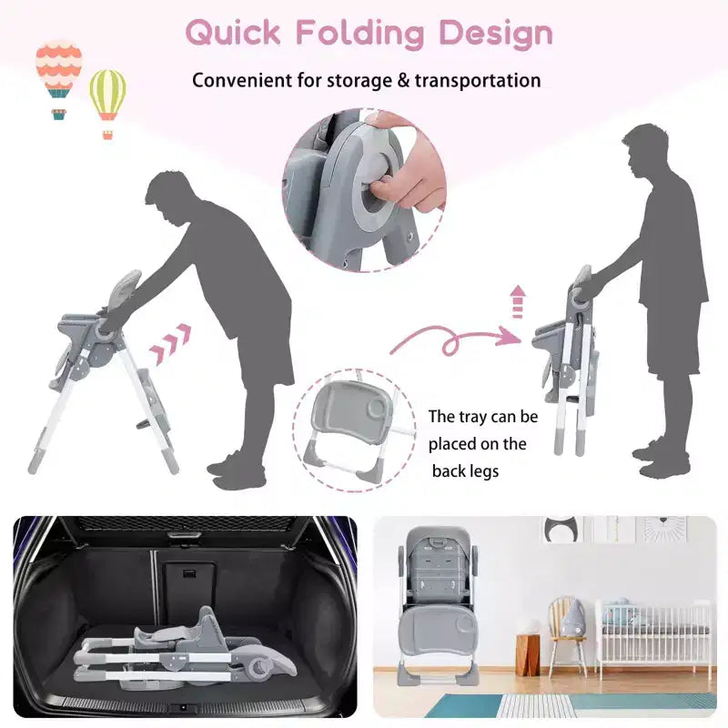 Chaise Haute Bébé, Hauteur et Inclinaison Réglables Chaise Haute Pliable avec Plateau Amovible - Siège Bébé Multifonctionnel Facile à Nettoyer