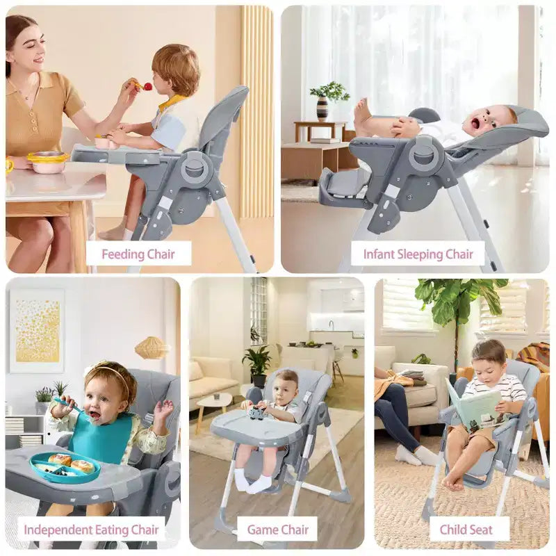 Chaise Haute Bébé, Hauteur et Inclinaison Réglables Chaise Haute Pliable avec Plateau Amovible - Siège Bébé Multifonctionnel Facile à Nettoyer