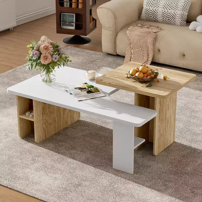 JVNOXK47.20 Lot de 2 tables basses gigognes style Campagne, Table basse rectangulaire pour salon, Ensemble de tables basses finition bois, Petites tables basses