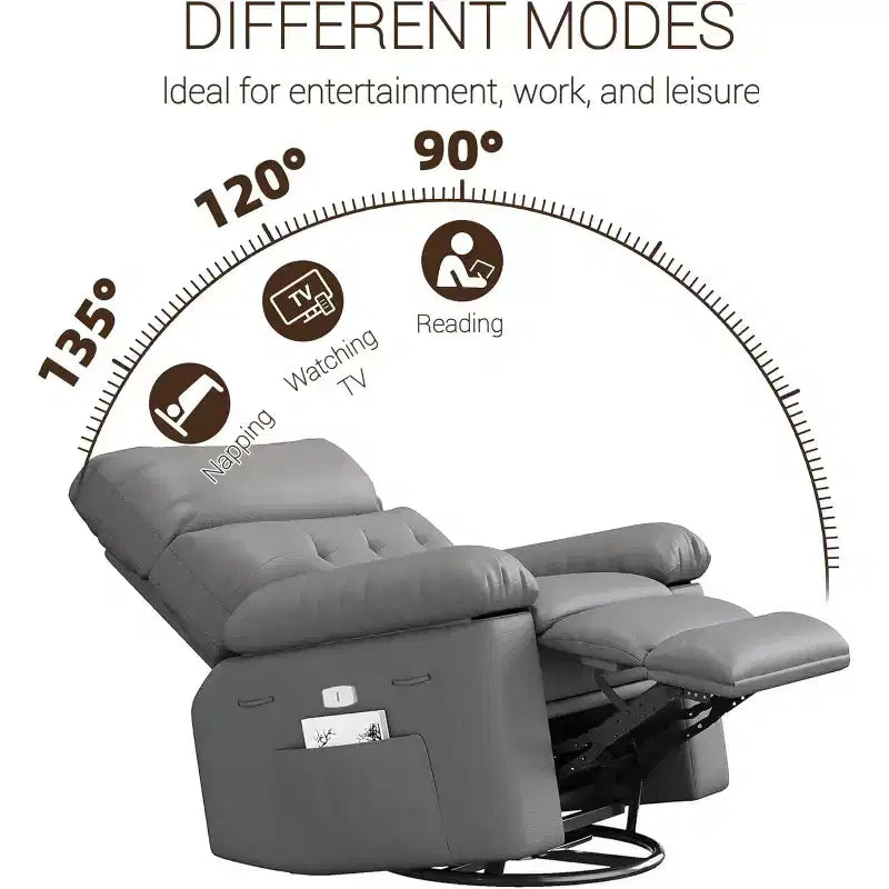 Fauteuil inclinable surdimensionné avec chauffage et massage Fauteuil pivotant et berçant extra large en cuir PU avec pochette latérale pour salon, chambre de bébé