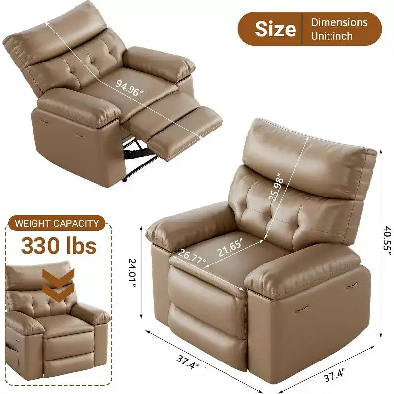 Fauteuil inclinable surdimensionné avec chauffage et massage Fauteuil pivotant et berçant extra large en cuir PU avec pochette latérale pour salon, chambre de bébé