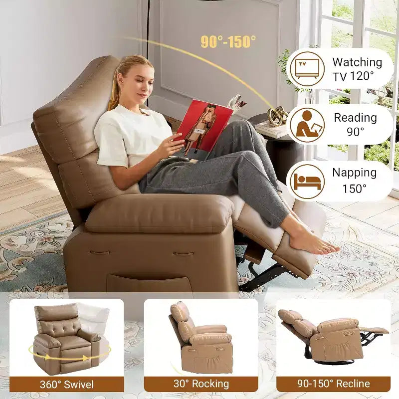 Fauteuil inclinable surdimensionné avec chauffage et massage Fauteuil pivotant et berçant extra large en cuir PU avec pochette latérale pour salon, chambre de bébé