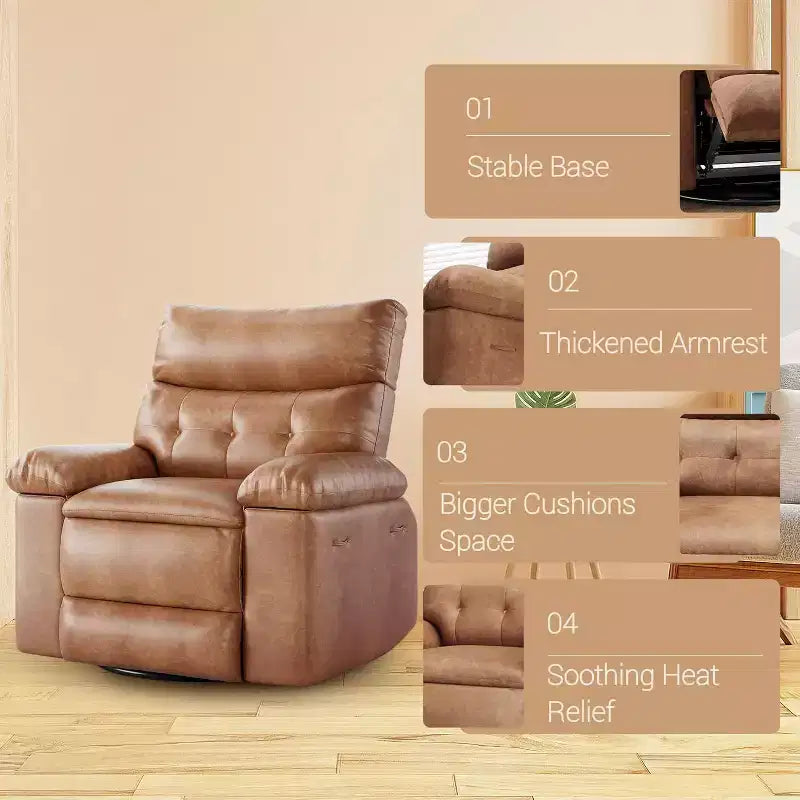 Fauteuil inclinable surdimensionné avec chauffage et massage Fauteuil pivotant et berçant extra large en cuir PU avec pochette latérale pour salon, chambre de bébé