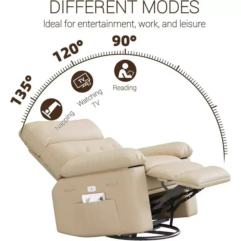 Fauteuil inclinable surdimensionné avec chauffage et massage Fauteuil pivotant et berçant extra large en cuir PU avec pochette latérale pour salon, chambre de bébé
