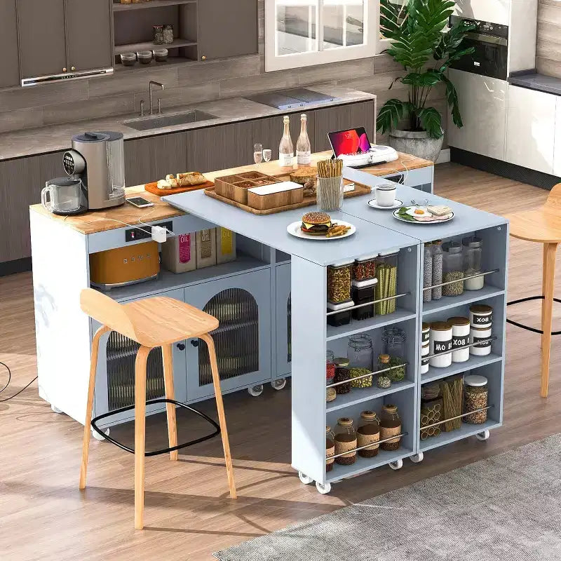 Dessertes de cuisine roulantes avec roues, prise de courant, lumière LED, porte-épices, porte en verre cannelé, rangement mobile style ferme pour salle à manger