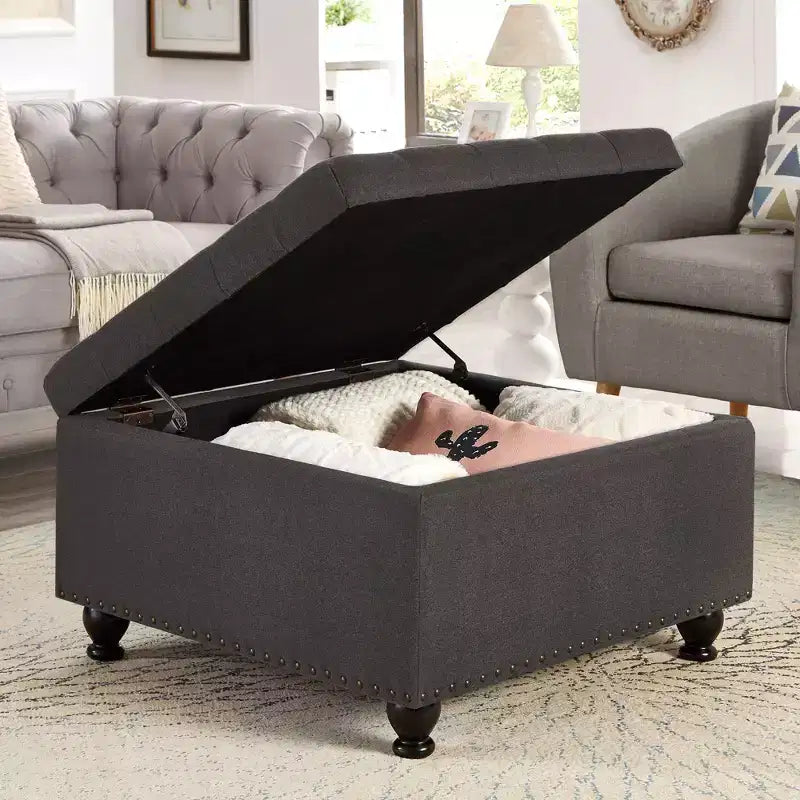 TUYOHW 30 Grand Pouf de Rangement Design capitonné, Repose-Pieds rembourré en Lin Doux pour Salon, Rivets décoratifs, Capacité de 136 kg